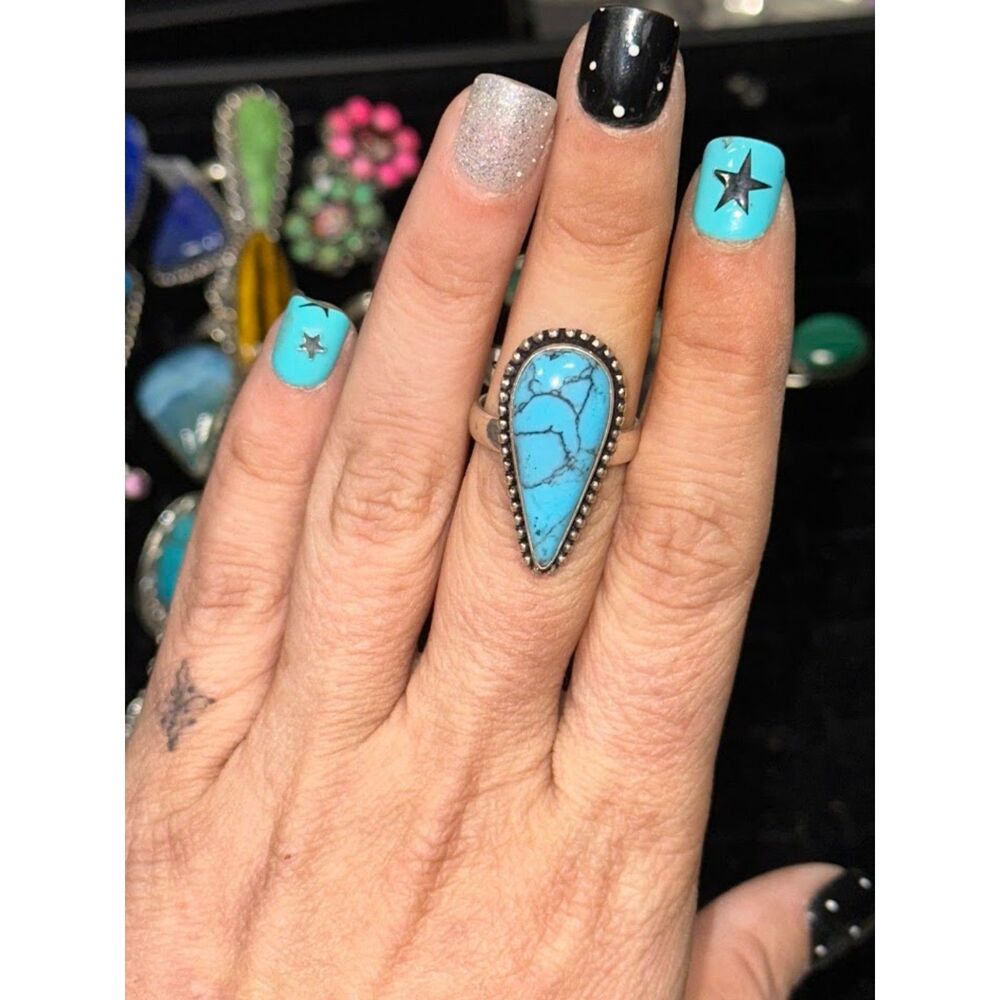 Turquoise Teardrop Sterling Silver Overlay Ring Size 8